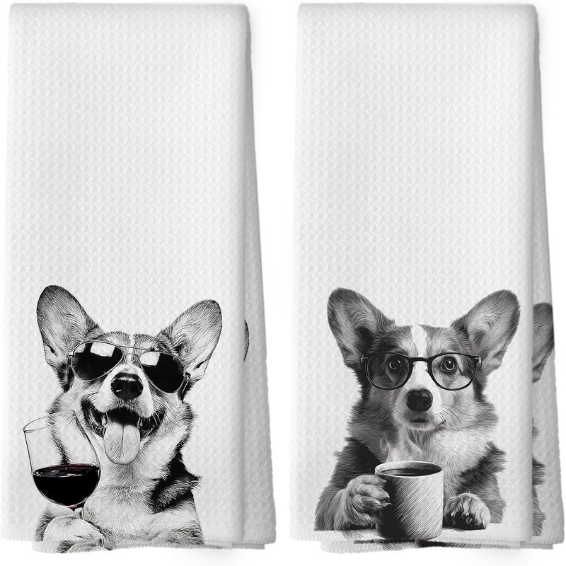 Mcehtle Funny Corgi Kitchen Towels Set of 2, Funny Dog Kitchen Accessories, Coffee Station Wine Bar Decor, Dog Chef Gift Hand Towel, Dining Room Decorative Tea Towel Dish Towels 16x24 Inch - Image 1